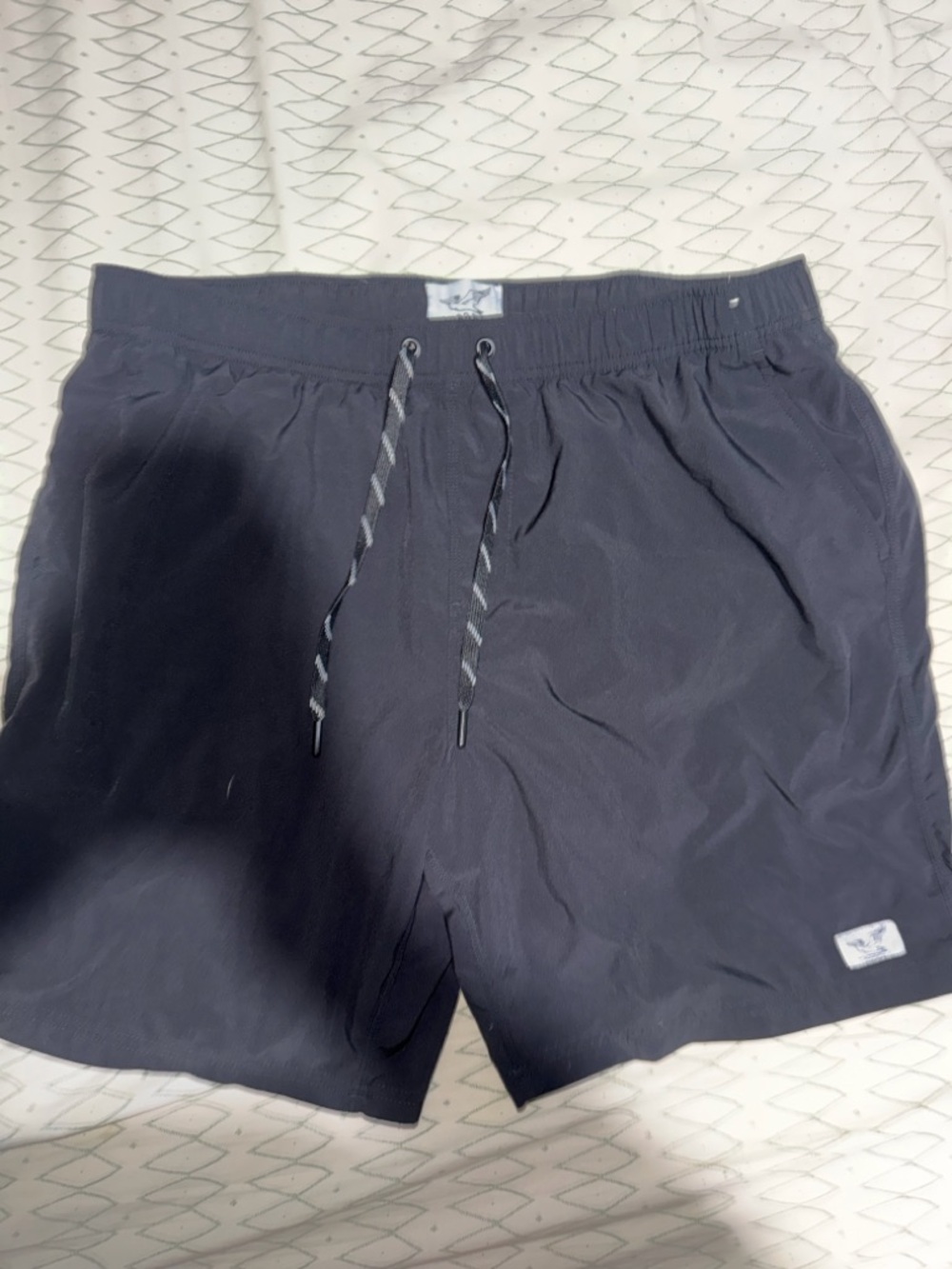 Men's Black Swim Trunks with Elastic Waist and Striped Drawcord